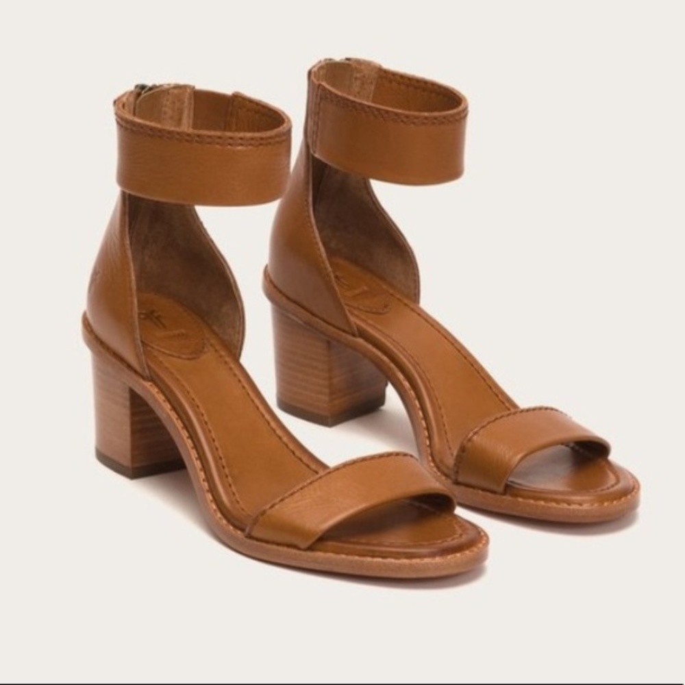 Frye Brielle Cognac Back Zip Ankle Heel Sandals - Picture 7 of 16